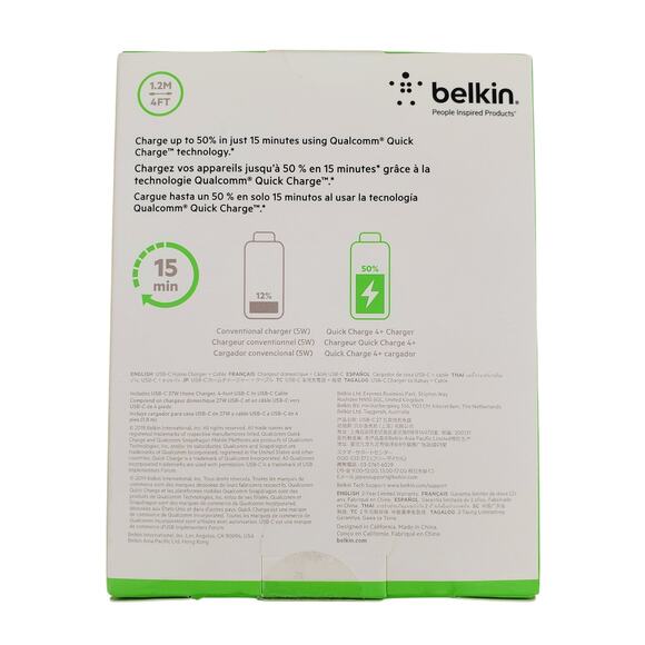 Belkin Boost Charge 27W Quick Charge 4+ Charger 4ft Cable USB-C to USB-C New - Picture 2 of 5